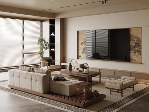 新中式客厅 沙发茶几组合 电视背景墙su模型