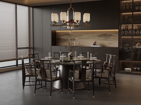 新中式餐厅 圆桌椅 餐柜su模型