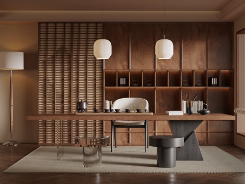 中古风茶室 茶柜 茶桌椅su模型