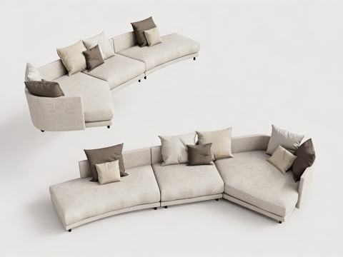 现代简约模块化弧形L型布艺沙发 带抱枕 客厅家具 弧形沙发su模型