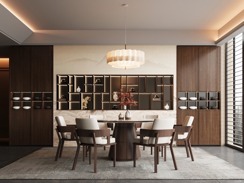 新中式餐厅 餐桌椅su模型