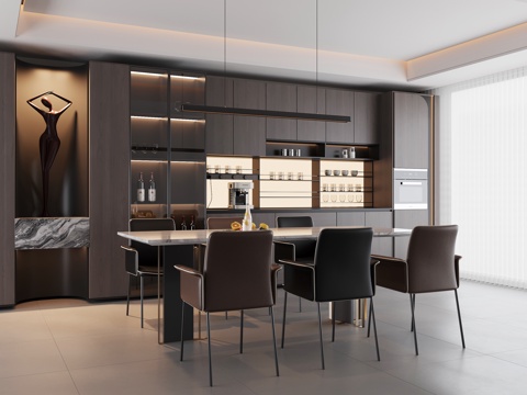 现代意式餐厅 餐桌椅 餐边柜 酒柜su模型