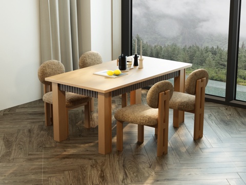 现代中古餐桌椅 中古风餐桌椅 现代餐桌椅 原木风餐桌椅 餐桌su模型