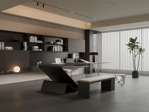 现代意式书房 书柜 背景墙 书桌椅3d模型