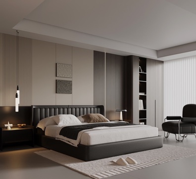 现代意式卧室 双人床 背景墙 床头柜3d模型