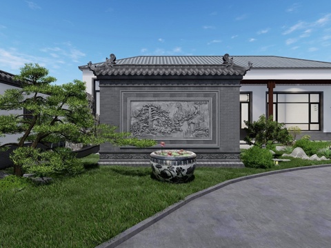 新中式景墙 假水系石缸 庭院景观su模型