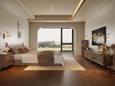 中古风卧室 床 床头柜 电视柜su模型