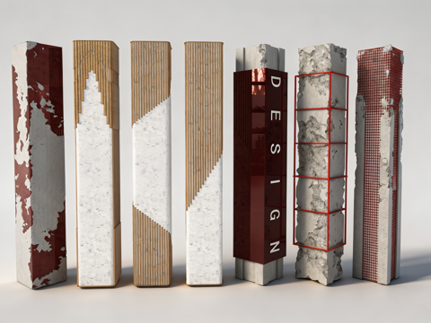 创意多材质建筑装饰柱 斑驳漆面 大理石拼接 网格结构 装饰su模型