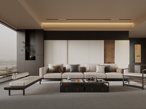 新中式客厅 沙发茶几组合su模型