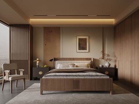 新中式卧室 双人床 衣柜 床头柜 背景墙su模型