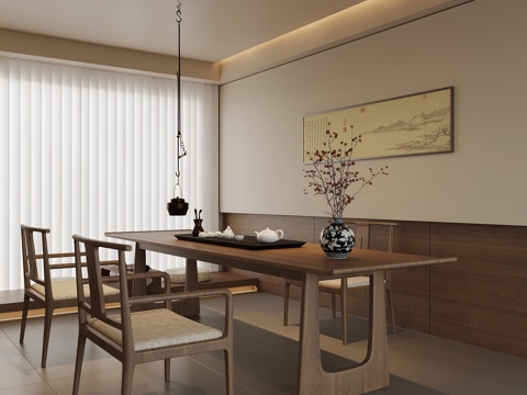 新中式茶室 实木茶桌椅 背景墙 茶台su模型