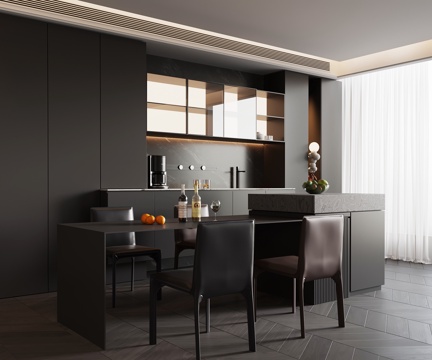 现代意式餐厅 餐桌椅 岛台 餐边柜su模型