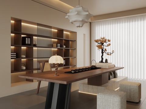 中古风茶室 茶柜背景墙 茶桌椅su模型