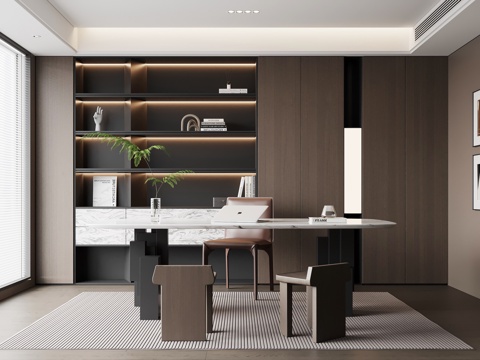 现代意式书房 书桌椅 书柜su模型