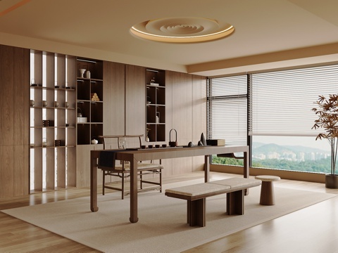 新中式茶室 实木茶桌椅 茶柜su模型