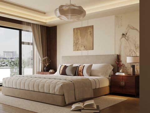 新中式卧室 双人床 床头柜 背景墙su模型