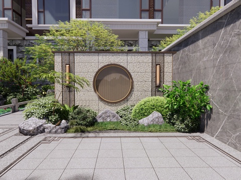 新中式景墙 庭院景观 别墅庭院su模型