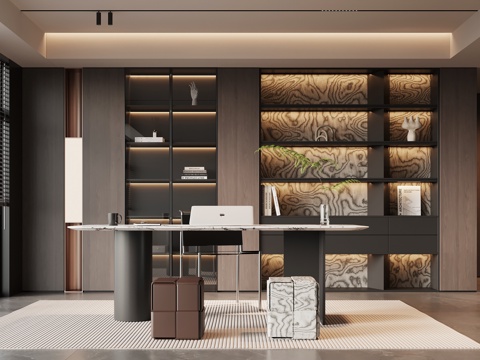 现代意式书房 书桌椅 书柜su模型