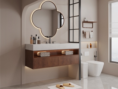 中古风卫生间 浴室柜 马桶 毛巾架su模型