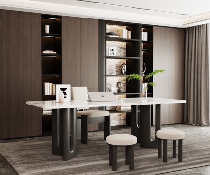 现代意式书房 书桌椅 书柜su模型