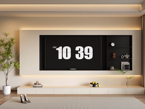 奶油风电视背景墙 现代开放格电视背景墙 落地电视柜su模型