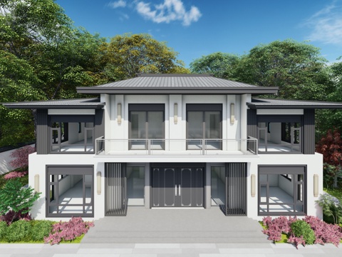 新中式独栋别墅农村自建房su模型