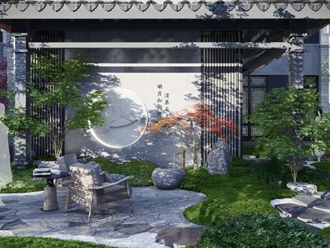 新中式禅意庭院 庭院景观 庭院景墙 庭院花园su模型