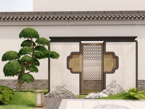 新中式禅意景墙 直线 庭院景墙 庭院 镂空su模型