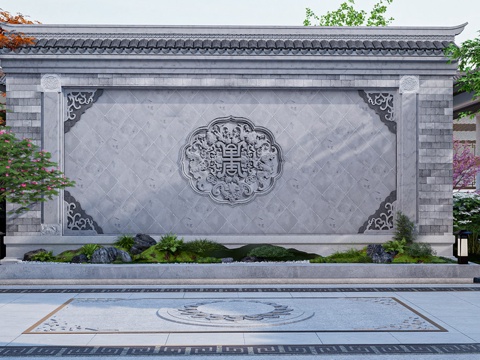 中式景墙 中式照壁墙 照壁影壁su模型