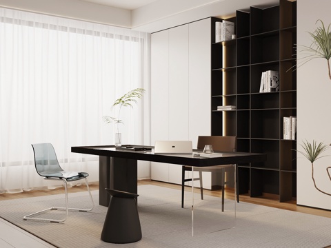 现代书房 书桌椅 书柜su模型