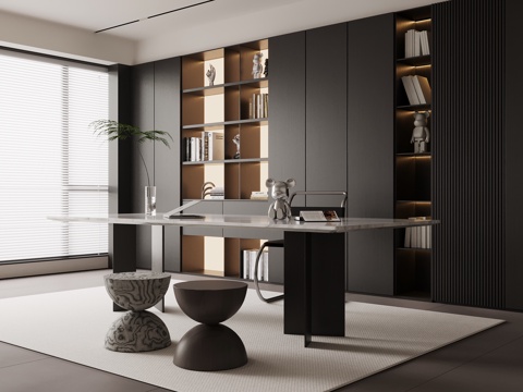 现代意式书房 书桌椅 书柜su模型