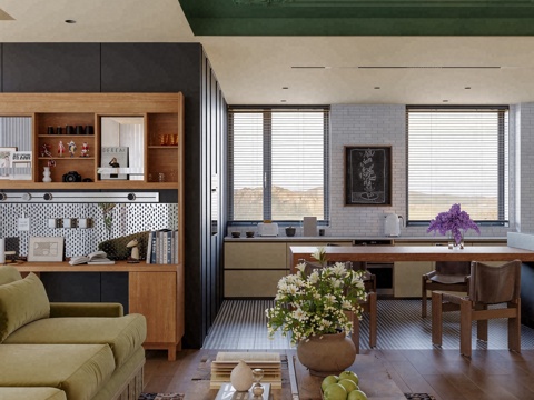  中古风大平层客餐厅3d模型 