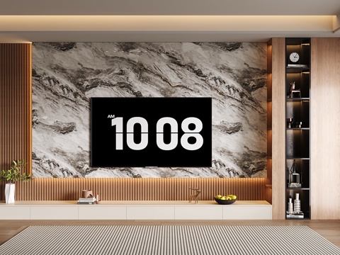 意式电视背景墙 现代岩板电视背景 木格栅 开放格电视柜一体su模型