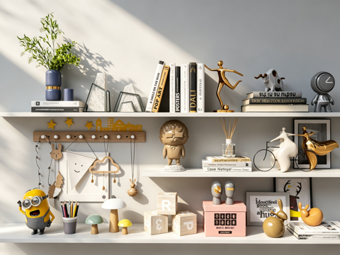 ins风波普趣味儿童房墙面收纳系统 三层架挂钩板含小黄人 摆su模型