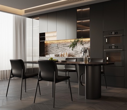 现代餐厅 餐桌椅 酒柜su模型