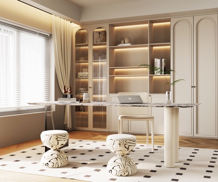 法式奶油风书房 书桌椅 书柜su模型