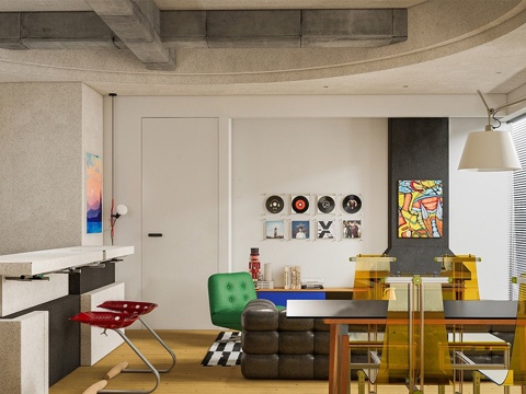 现代客餐厅 包豪斯客 中古客椅组合 小公寓su模型