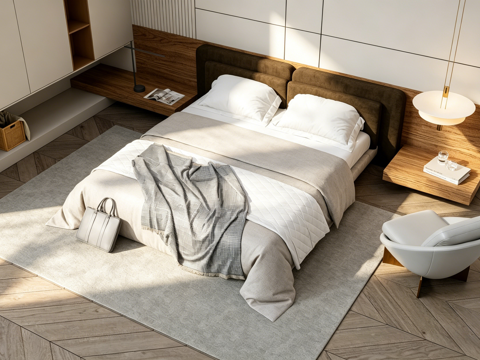 现代简约温馨主卧场景 深棕色高床头软包床 格子毯 人字拼地板su模型