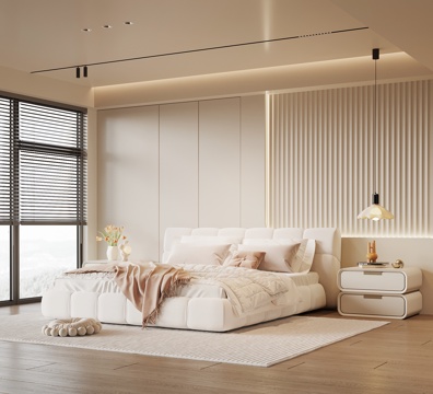 现代奶油风卧室 双人床 背景墙 床头柜3d模型