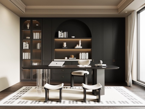 法式复古书房 书桌椅 书柜su模型