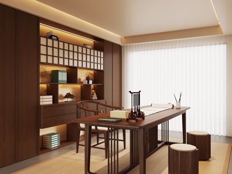 新中式书房 书桌椅 书柜 宋氏风书房su模型