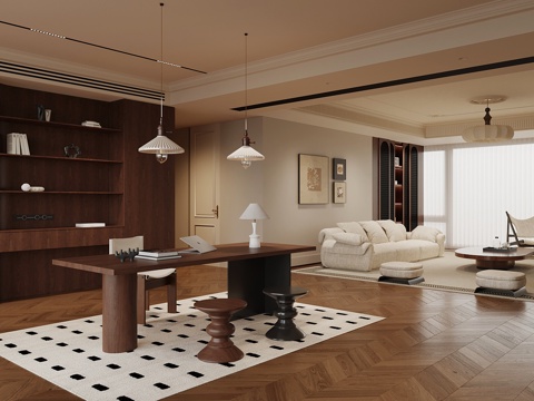 中古风客厅 沙发茶几组合 背景墙 开放式书房su模型