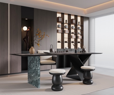 现代意式茶室 茶桌椅 茶柜su模型