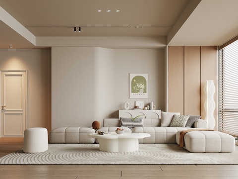 奶油风客厅 背景墙 沙发茶几组合3d模型