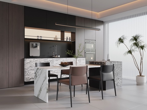 现代意式餐厅 餐桌椅 意式酒柜su模型