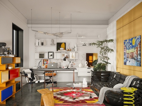 现代书房  包豪斯书房 沙发组合 书桌椅 中古书房su模型