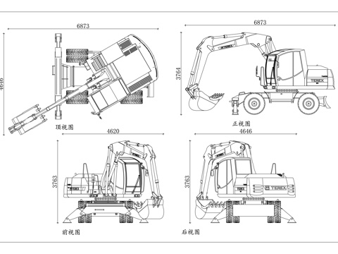 轮胎挖机 轮式挖机 胶轮挖机 轮式钩机 胶轮钩机cad施工图