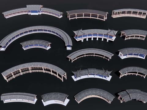 中式弧形廊架 古建长廊 拱形廊架 异形连廊 仿古亭廊景观亭子su模型