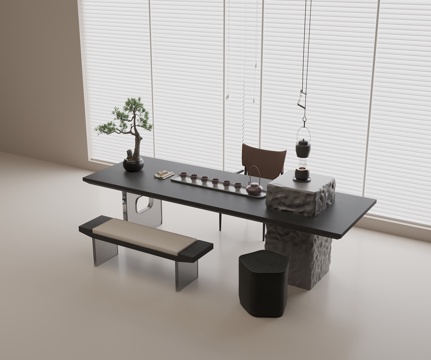 现代茶桌椅组合 实木茶桌 休闲单椅 实木长椅 茶具组合su模型