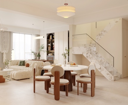  法式客餐厅 开放厨房 书房 干区 复式客餐厅3d模型 